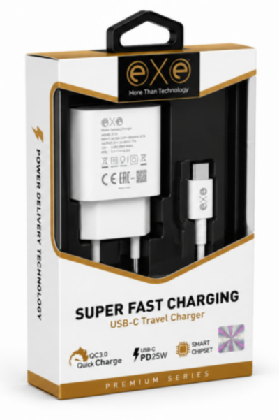 EXE 25W PD Süper Hızlı Şarj Seti USB-C Type-C Kablolu Beyaz