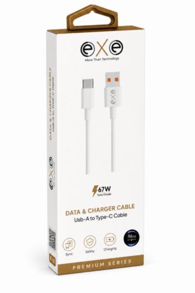 EXE 67W USB-A to Type-C Hızlı Şarj ve Data Kablosu Beyaz