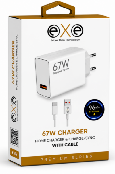 EXE 67W Süper Hızlı Şarj Adaptörü Type-C Kablolu USB-C Şarj Seti Beyaz