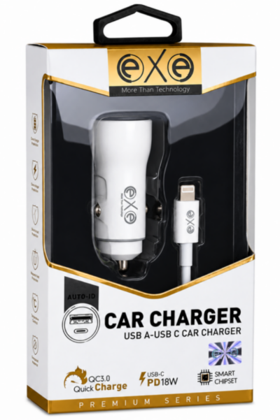 EXE QC3.0 PD 18W Hızlı Araç Şarj Cihazı Lightning Kablolu